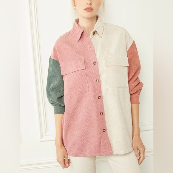 Entro Corduroy Color Block Oversized Button Down Shirt - Picture 3 of 6
